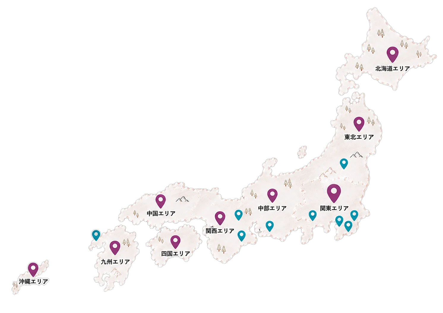 日本列島にアサイー工房の店舗のピンが落ちている様子