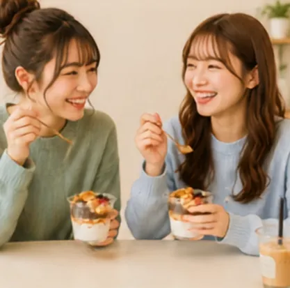 友達とキャラメルナッツグリークヨーグルトを楽しんでいる様子