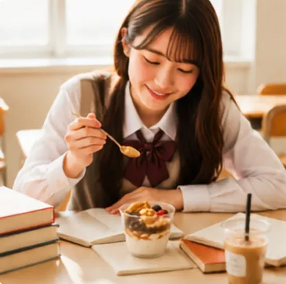 学校帰りに放課後でキャラメルナッツグリークヨーグルトを食べている様子。
